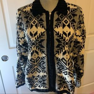 MARSH LANDING vintage size L hand knit front zip sweater print with black trim